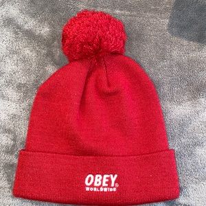 Obey Red Beanie with Pompom
